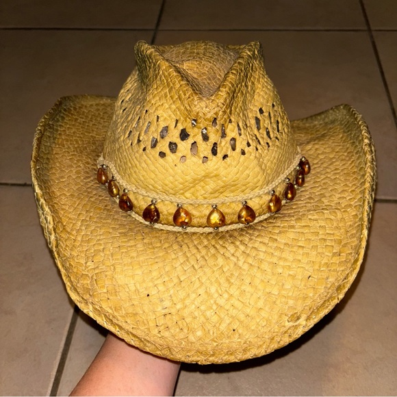 The Desperado Collection by Leon Leather Co. Beaded Cowboy Cowgirl Straw Hat - Picture 2 of 9